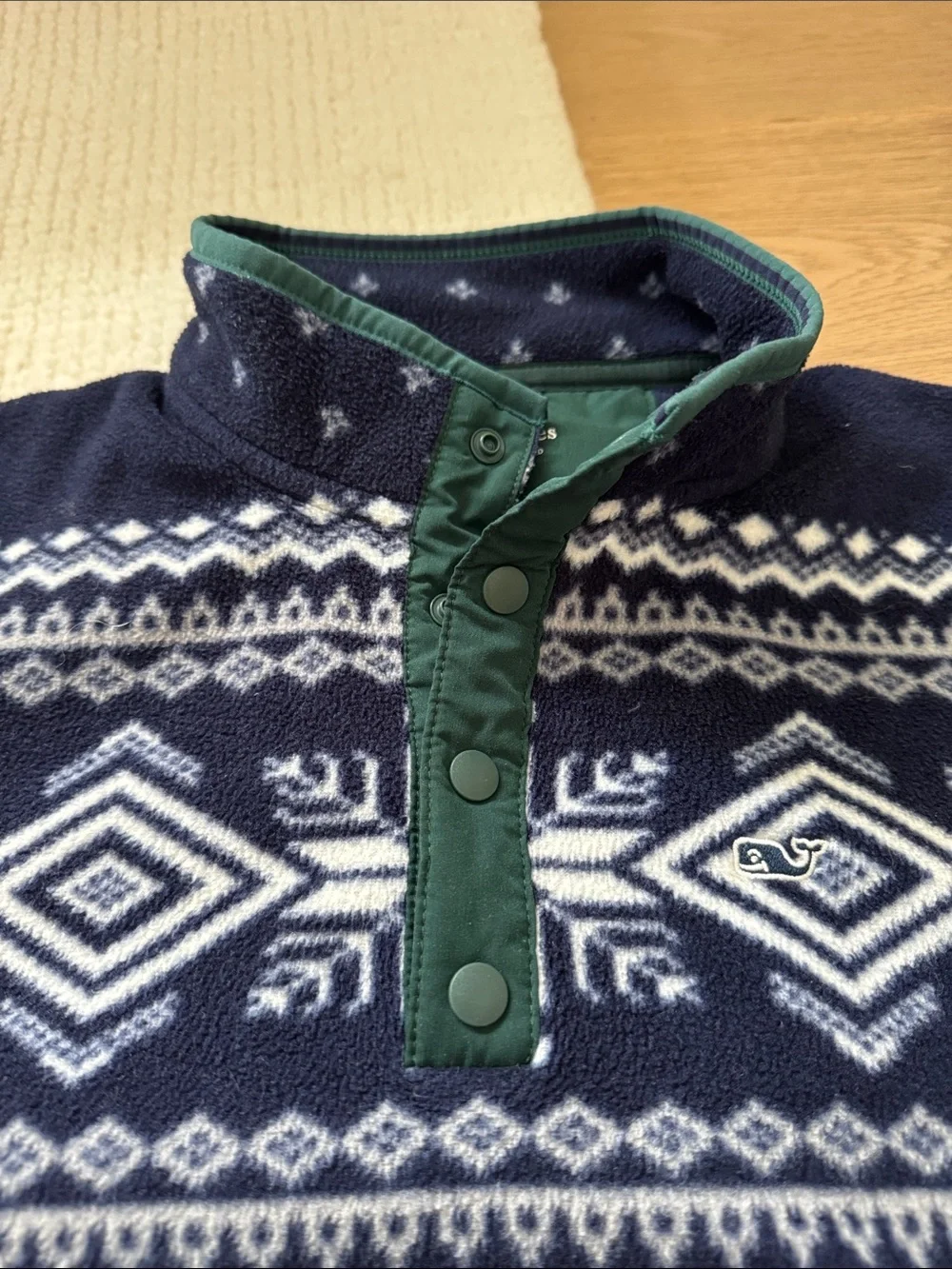 Vineyard Vines Navy Fair Isle Zip-Up Sweater with Green Trim